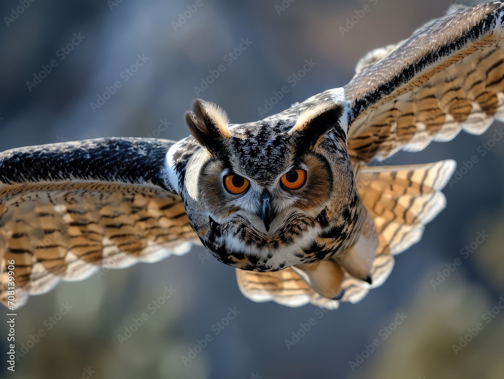 Obraz premium Owl mid-flight with wings spread wide.