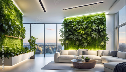 Modern residential building with green plant walls. Concept of green urban environment, sustainable lifestyle and ecology,