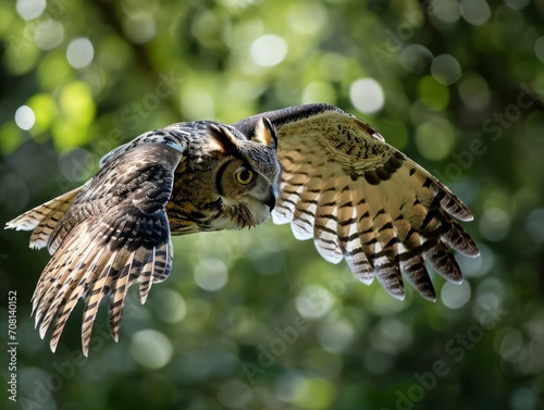 Owl in flight with eyes focused ahead.