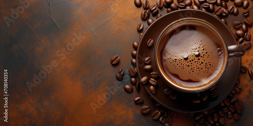 Cup with coffee and coffee beans on a brown background, copy space