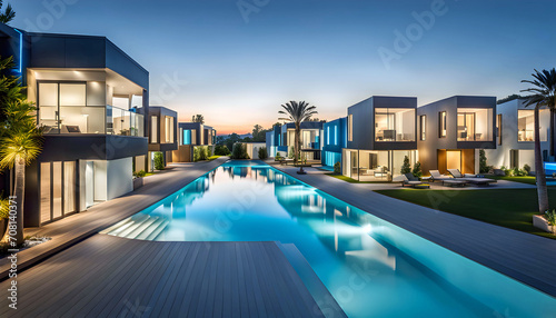 Evening street with high-tech houses with swimming pools and scenic lighting, concept of living in a high-tech house