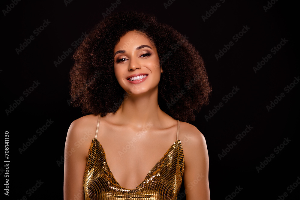 Portrait of attractive amazing woman toothy smile dressed stylish elegant clothes isolated on black color background Portrait of attractive amazing woman toothy smile dressed stylish elegant clothes isolated on black color background