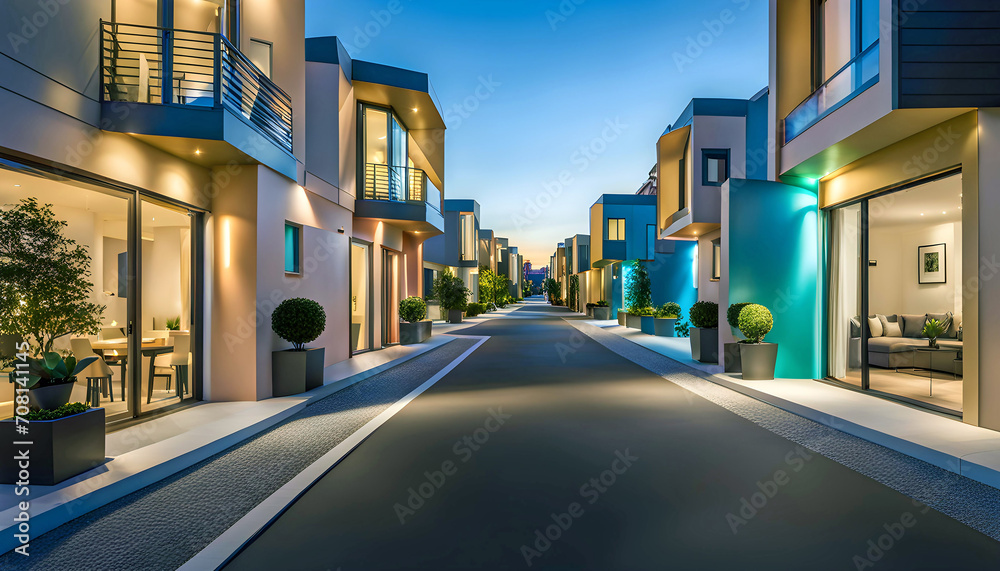 Evening street with high-tech houses with swimming pools and scenic lighting, concept of living in a high-tech house