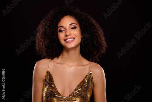 Portrait of attractive amazing woman toothy smile dressed stylish elegant clothes isolated on black color background