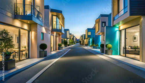 Evening street with high-tech houses with swimming pools and scenic lighting, concept of living in a high-tech house photo