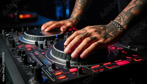 Nightclub stage  DJ mixing  hand turning knobs  party generated by AI