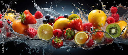 Fresh tropical fruits in a splash of water 