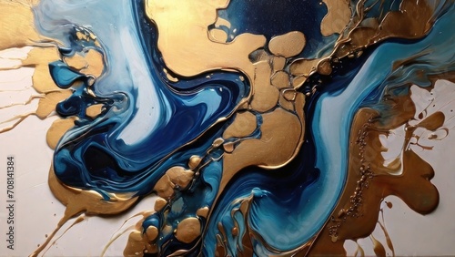 Abstract gold and blue liquid paints art. Contemporary surrealist painting. Modern poster for wall decoration