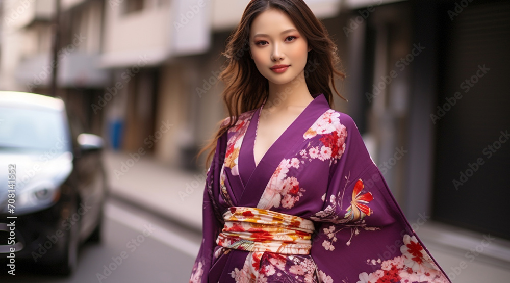 Young woman in traditional Japanese dress, smiling confidently generated by AI