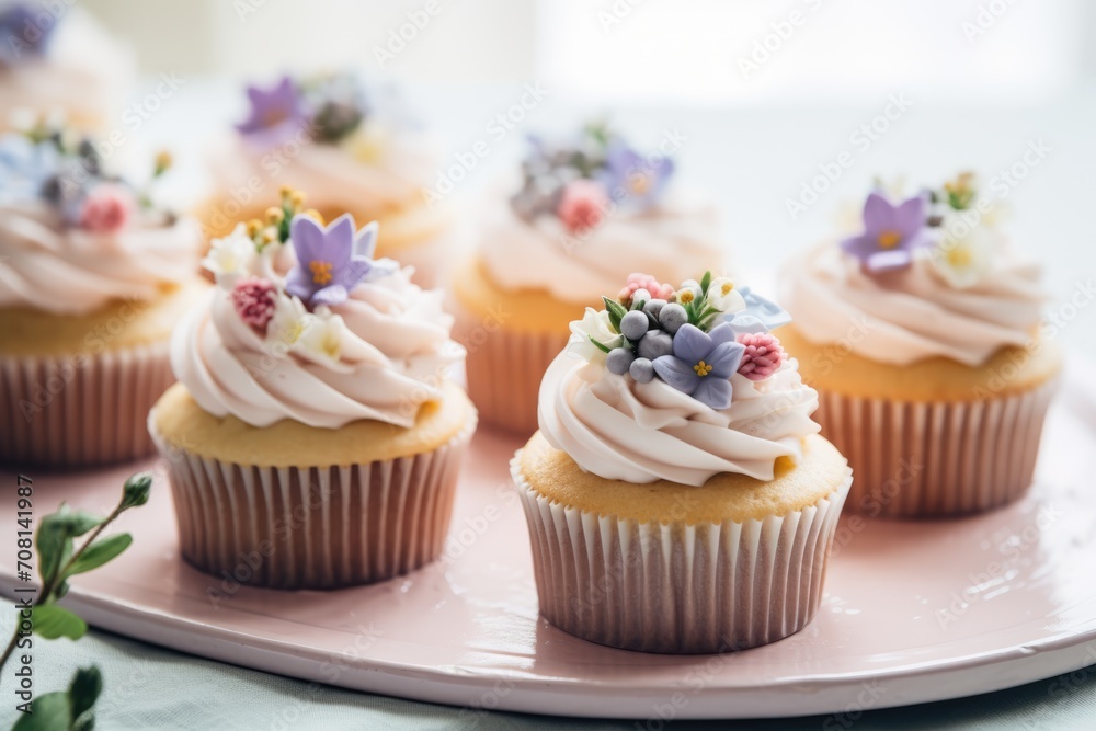 Delicate cupcakes with soft pink frosting and edible flower decorations, presented on a light pastel plate for a sophisticated dessert experience..