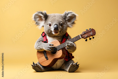 koala playing guitar on yellow background