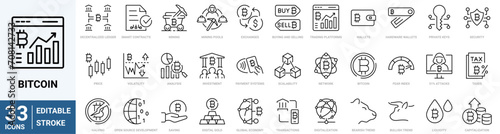 Bitcoin set of line web icons. Cryptocurrency economy. Blockchain package. NFT. Collection of Outline Icons. Vector illustration.