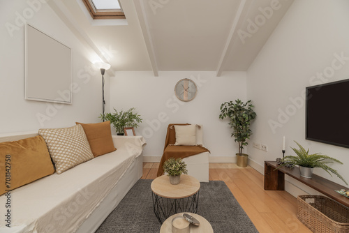 living room of a small loft-style attic house with a single and three-seater sofa