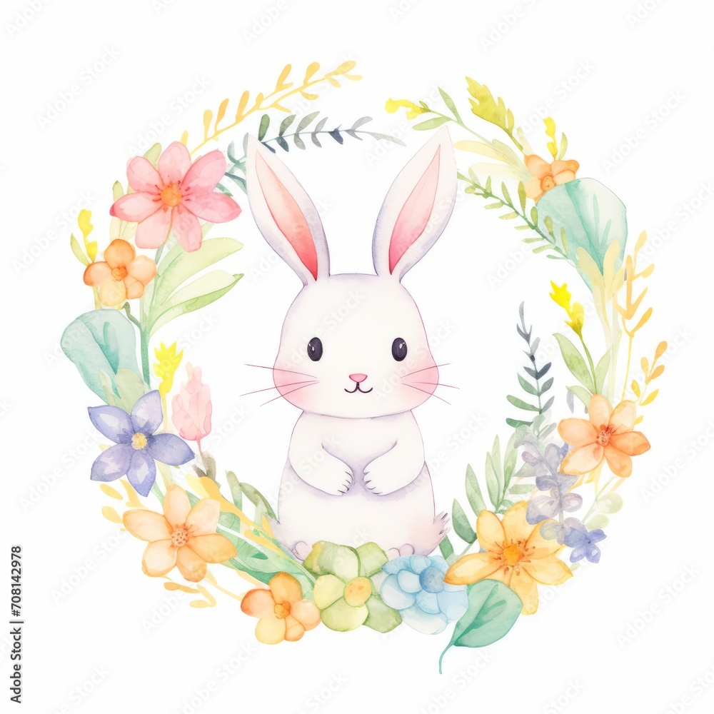 Aquarell eines Osterhasen umgeben von bunten Frühlingsblumen Kranz Illustration
