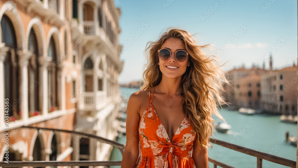 Girl in sunglasses and a sundress against the backdrop of Venice emotion