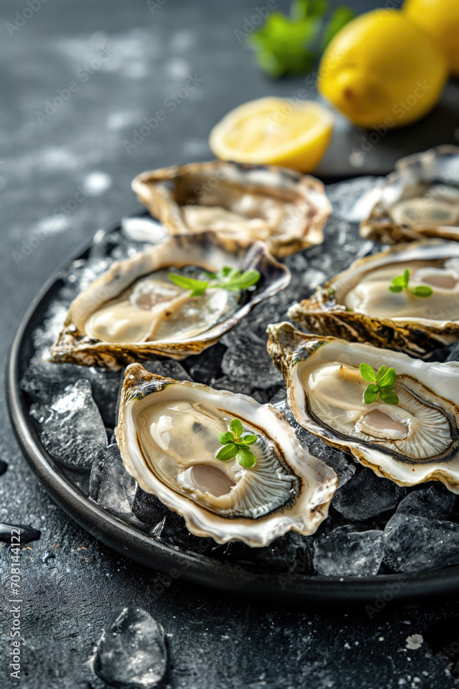 A dark plate holds succulent oysters on a half shell, garnished with fresh green herbs and accompanied by ice and lemon, ready to be enjoyed..