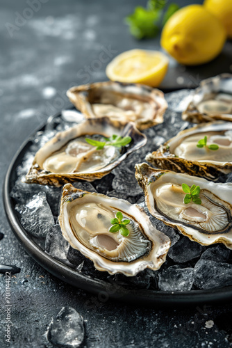 A dark plate holds succulent oysters on a half shell, garnished with fresh green herbs and accompanied by ice and lemon, ready to be enjoyed..