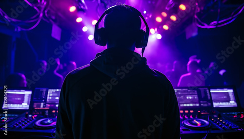 Nightclub stage illuminated with lighting equipment, DJ mixing generated by AI