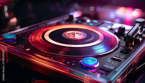 Nightclub party with DJ mixing on turntable generated by AI