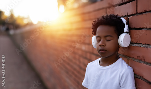 ein Kind Junge mit geschlossenen Augen genießt lehnt an einer Mauer hört Musik durch Kopfhörer, akustischer Genuß aus Klang und Tönen, Teenager allein im Sommer als Hintergrund Vorlage photo