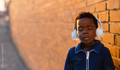 ein Kind Junge mit geschlossenen Augen genießt lehnt an einer Mauer hört Musik durch Kopfhörer, akustischer Genuß aus Klang und Tönen, Teenager allein im Sommer als Hintergrund Vorlage