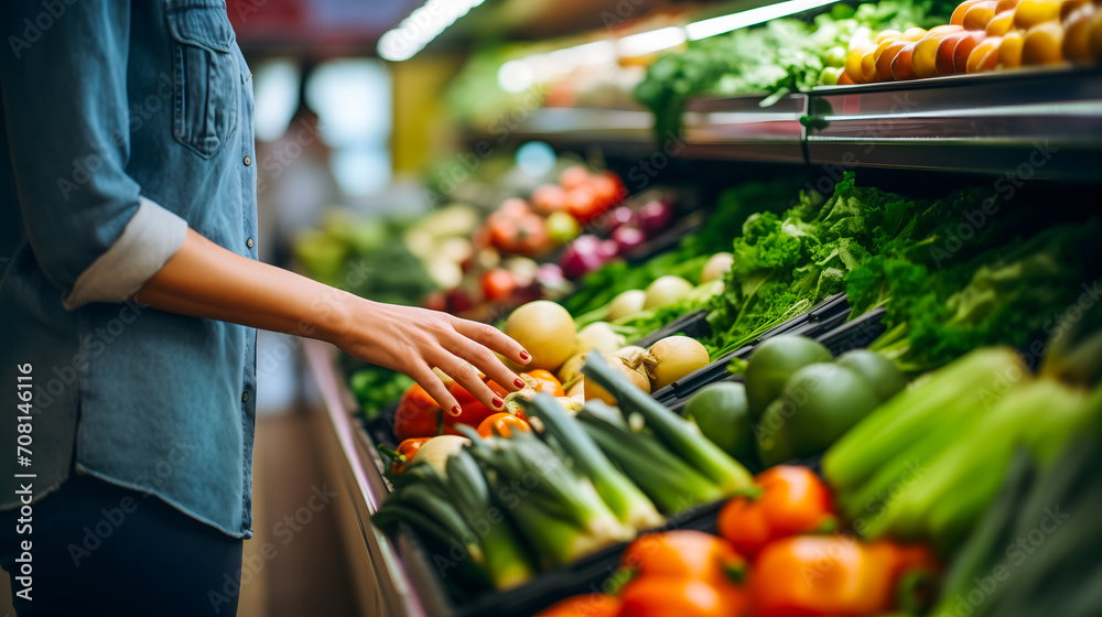 Gros plan sur la main d'une femme choisissant des légumes dans un supermarché.  - obrazy, fototapety, plakaty 
