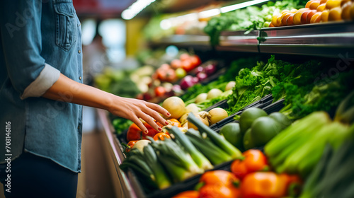 Gros plan sur la main d'une femme choisissant des légumes dans un supermarché.  photo