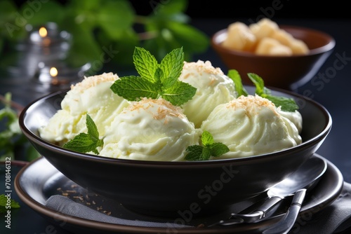 White scoops of ice cream in a clay pot. Pistachio ice cream with mint leaf. A portion of ice cream in a plate on a wooden table. The restaurant serves ice cream.