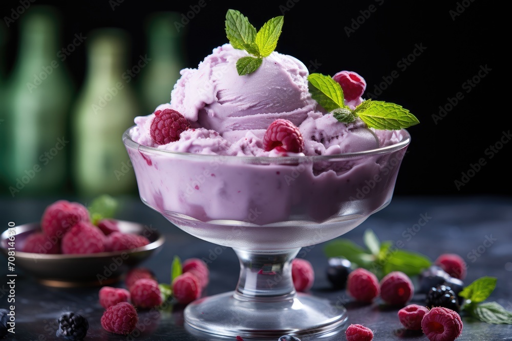 Three berry ice cream scoops. Mint ice cream in glass bowl with raspberries, blueberries. Blueberries and blackberries on the table. Three berry ice cream scoops. Mint ice cream in glass bowl with raspberries, blueberries. Blueberries and blackberries on the table.