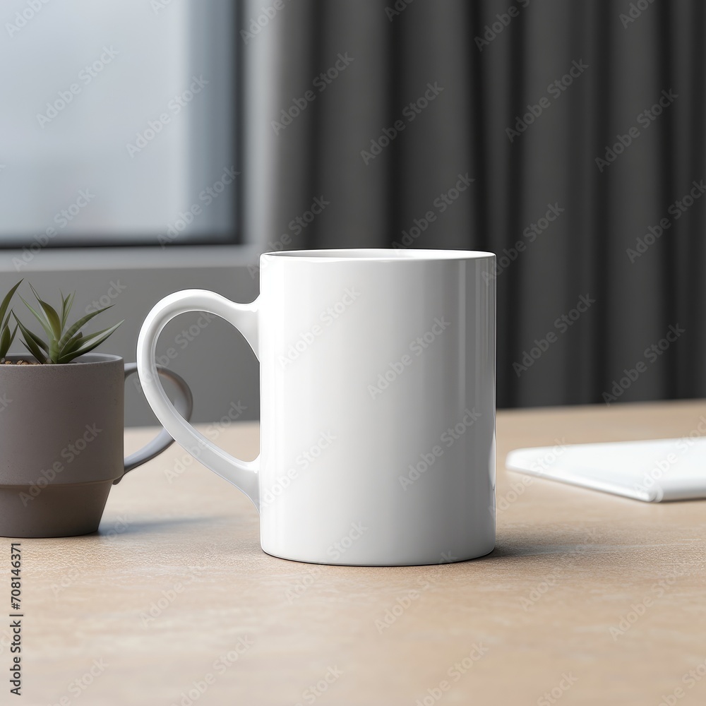A white mug on table. A white mug on the background of a window with a curtain. Place for logo and emblems. Cup mockup. Dishes A white mug on table. A white mug on the background of a window with a curtain. Place for logo and emblems. Cup mockup. Dishes