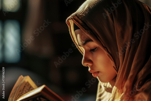 Generative AI illustration of Young Muslim woman in a hijab absorbed in reading the Quran with soft light on her face photo