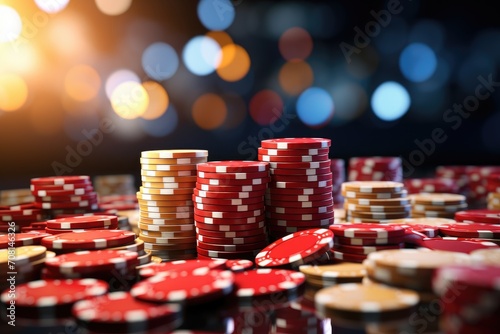 Casino chips on a bokeh background. Red, green playing chips. Tokens for game. Columns of gambling coins. Gambling. Casino.