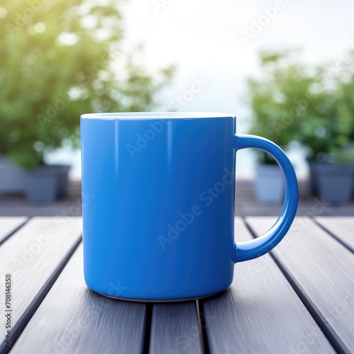 Blue mug on a wooden table. Blue coffee mug on background of the street. Place for logo and emblems. Cup mockup. Terrace. Dishes