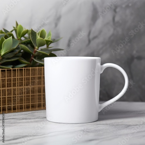 A white mug on table. A white mug on a gray background. Place for logo and emblems. Cup mockup. Wicker basket. Dishes