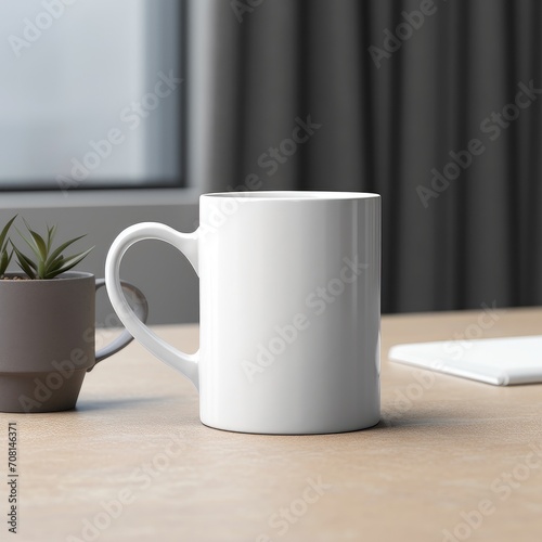A white mug on table. A white mug on the background of a window with a curtain. Place for logo and emblems. Cup mockup. Dishes