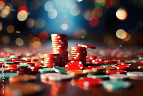 Casino chips on a bokeh background. Red, green playing chips. Tokens for game. Columns of gambling coins. Gambling. Casino.