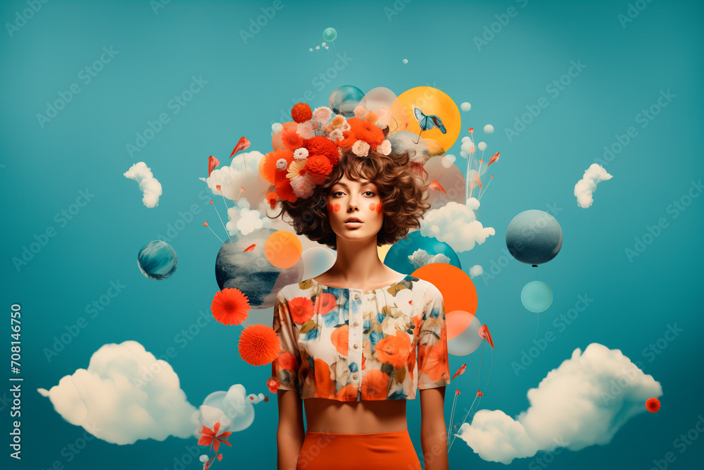 © ADDICTIVE STOCK - Surreal woman with floral headpiece among clouds Generative AI image © ADDICTIVE STOCK - Surreal woman with floral headpiece among clouds Generative AI image