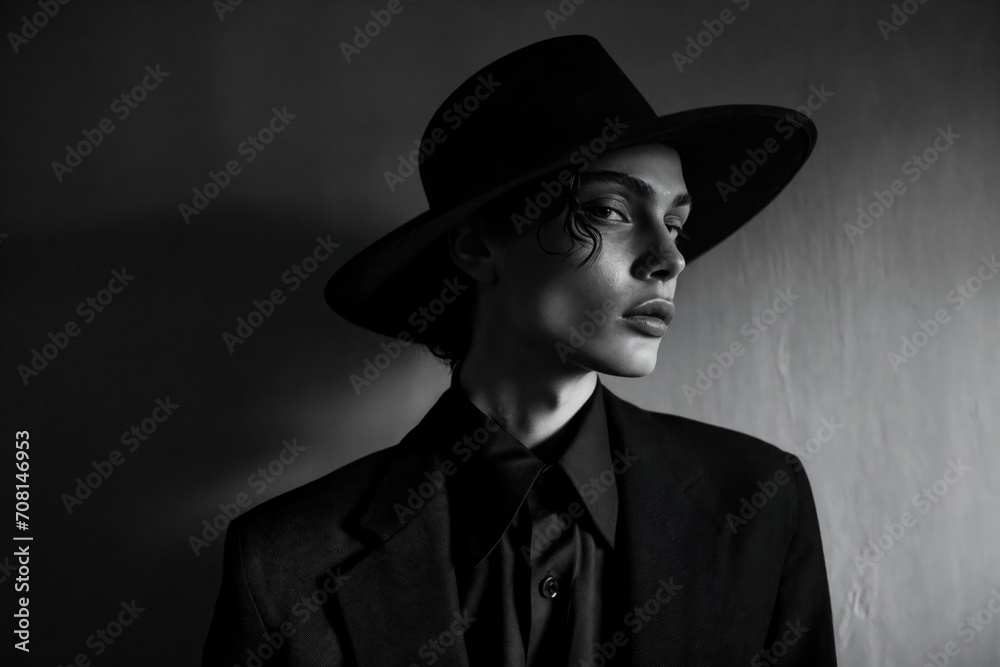 Androgynous figure in monochrome with hat and suit. Generative AI image Androgynous figure in monochrome with hat and suit. Generative AI image