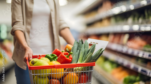 Une personne tenant un panier de courses rempli de légumes frais dans une allée d'un supermarché. photo