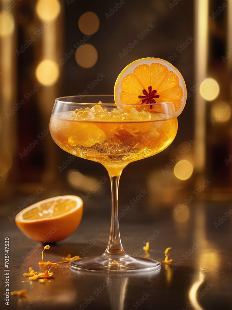 A glamorous golden cocktail made with saffron-infused rum, orange liqueur, and prosecco. Garnish with a twist of orange peel and edible gold leaf. ai generative A glamorous golden cocktail made with saffron-infused rum, orange liqueur, and prosecco. Garnish with a twist of orange peel and edible gold leaf. ai generative
