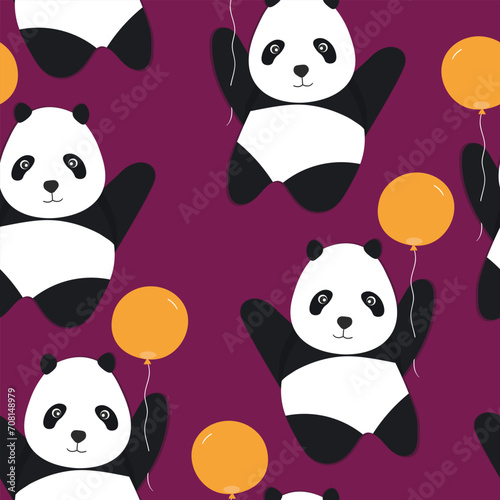 Fototapeta Naklejka Na Ścianę i Meble -  Seamless pattern with cute panda baby on color background. Funny asian animals. Card, postcards for kids. Flat vector illustration for fabric, textile, wallpaper, poster, gift wrapping paper