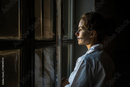 White female nurse working nightshift, looking out through the window, darkness outside.