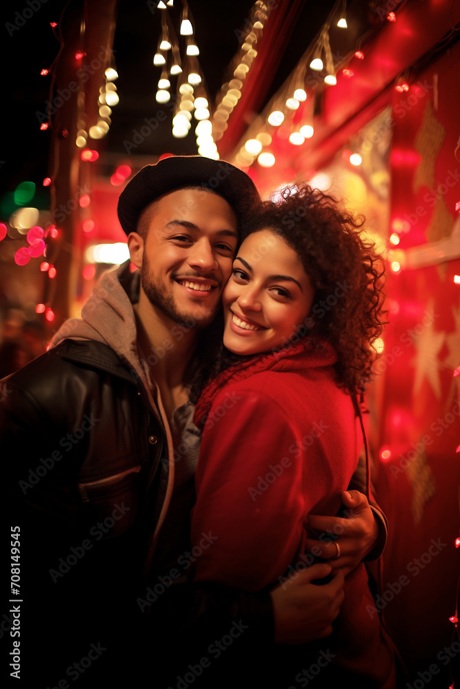 Young lovers embraced in a festive setting with holiday lights bokeh.