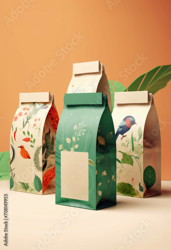 Paper eco-friendly disposable packaging for tea or organic products with green plants on display.
