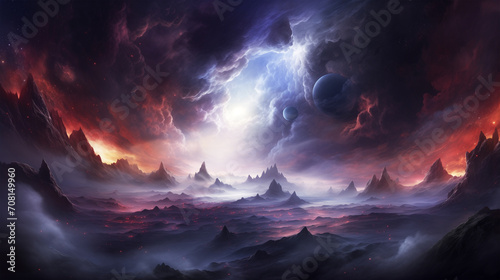 Eclipsed Moons Over Crimson Nebula Landscape Ethereal Cosmic Artwork