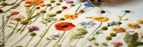 Embroidery on white fabric. silk threads. Natural Pattern photo