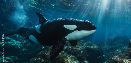 Killer Orca whale gliding through sunlit deep blue sea. © Jan