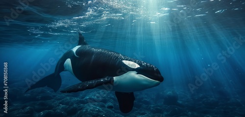 Killer Orca whale gliding through sunlit deep blue sea.