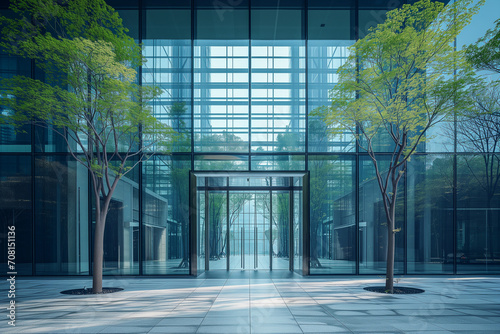 the entrance to the offices has large glass panels
