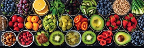 fresh fruits, berries and nuts neatly distributed in wooden bowls on a green background. Concept: Healthy food for a diet menu. Vitamins and microelements
